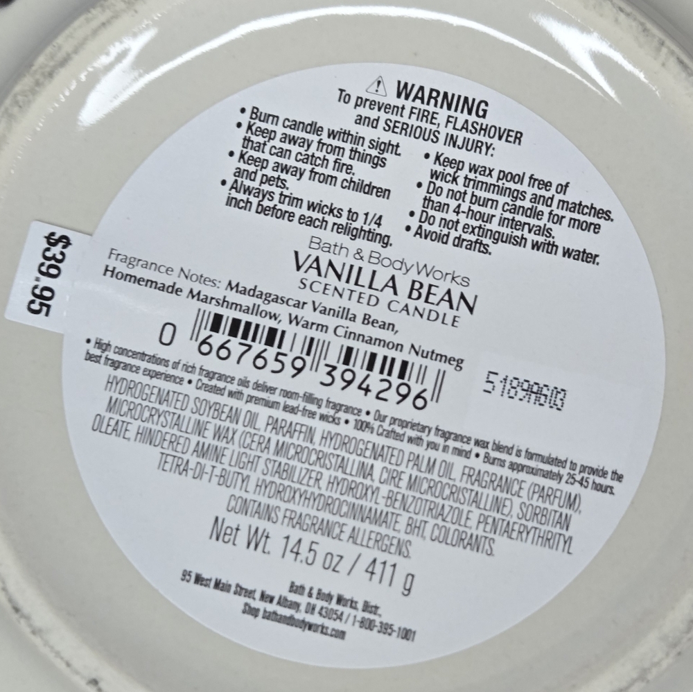 Bath & Body Works Vanilla Bean Candle - In Caramic Jar -  Cream. 3-wick 14.5oz - Picture 3 of 6